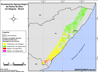 Mapa de zoneamento agroecológico da palma de óleo em Alagoas.